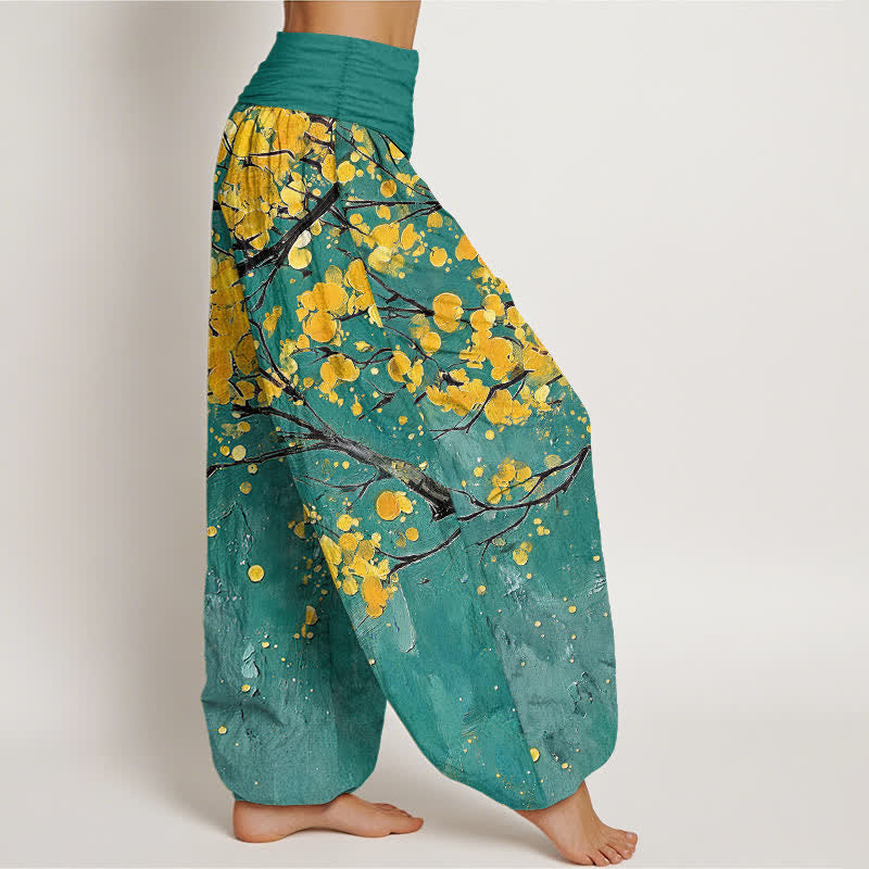 Buddha Stones Cotton Yellow Blossom Branch Pattern Women's Elastic Waist Harem Pants - image 2