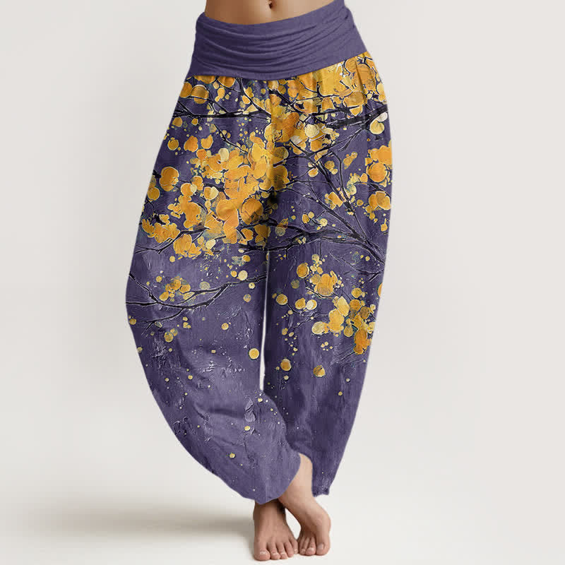 Buddha Stones Cotton Yellow Blossom Branch Pattern Women's Elastic Waist Harem Pants - Purple - US16，UK/AU20，EU48 (3XL) - image 5