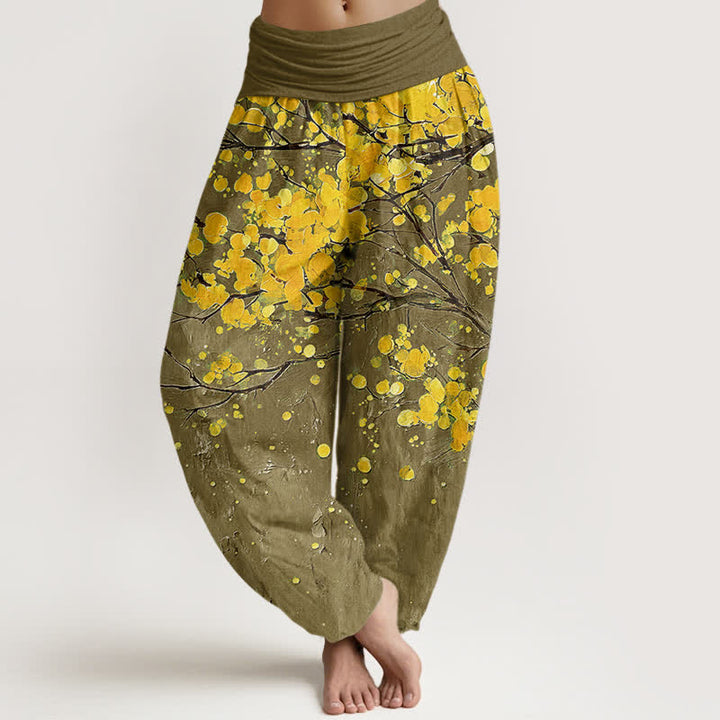 Buddha Stones Cotton Yellow Blossom Branch Pattern Women's Elastic Waist Harem Pants - Olive - US16，UK/AU20，EU48 (3XL) - image 8