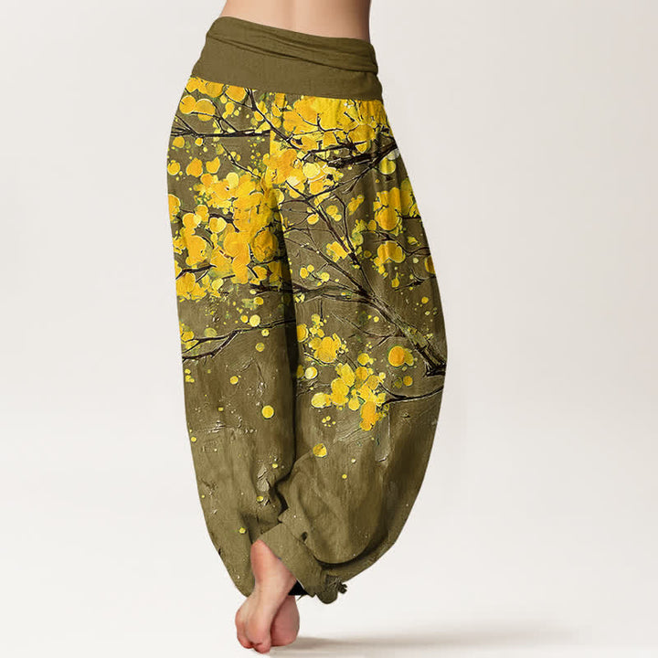 Buddha Stones Cotton Yellow Blossom Branch Pattern Women's Elastic Waist Harem Pants - image 10