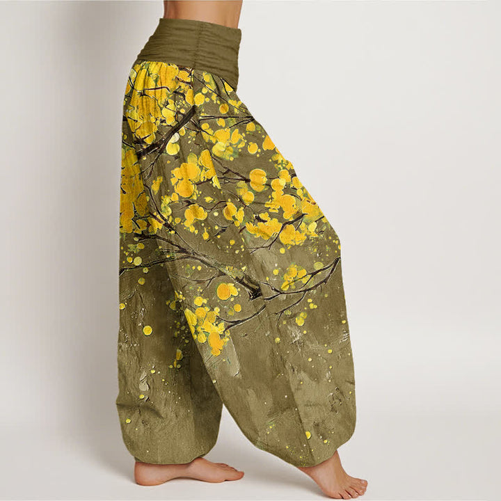 Buddha Stones Cotton Yellow Blossom Branch Pattern Women's Elastic Waist Harem Pants - image 9