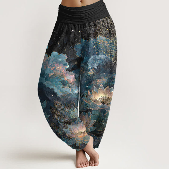 Buddha Stones Cotton Lotus Night Sky Pattern Women's Elastic Waist Harem Pants - Black - US16，UK/AU20，EU48 (3XL) - image 8