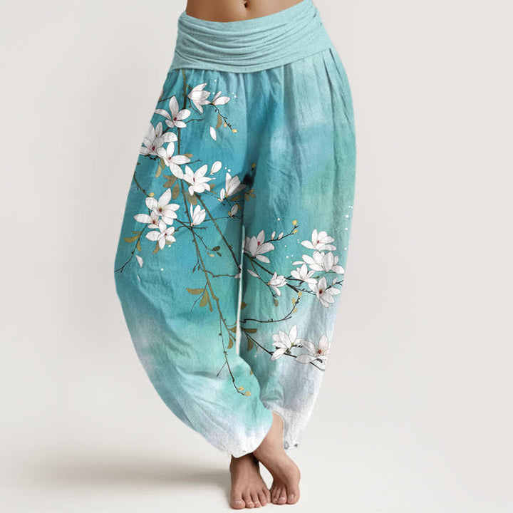 Buddha Stones Pure Cotton White Magnolia Branch Pattern Women's Elastic Waist Harem Pants - Turquoise - US16，UK/AU20，EU48 (3XL) - image 0
