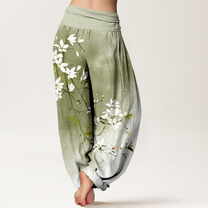 Buddha Stones Pure Cotton White Magnolia Branch Pattern Women's Elastic Waist Harem Pants - image 10