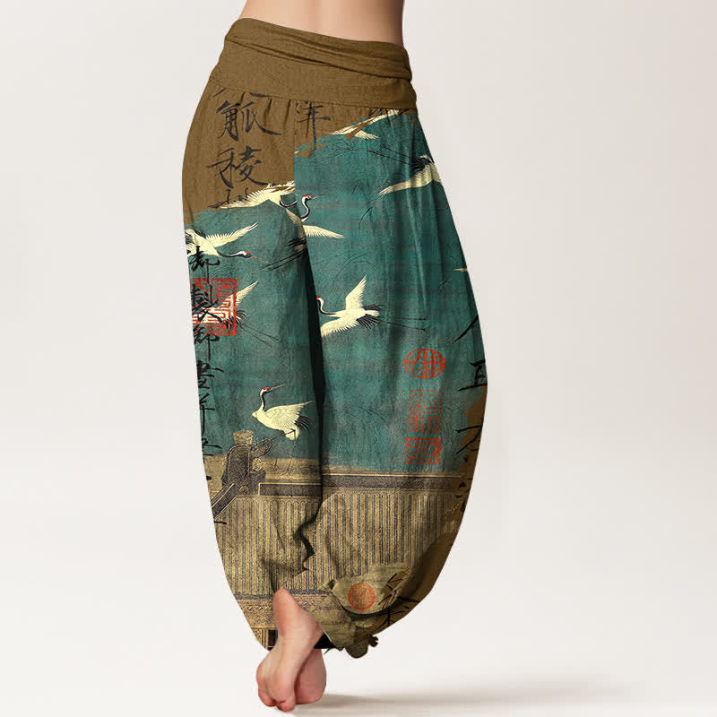 Buddha Stones Cotton Flying Crane Seal Pattern Women's Elastic Waist Harem Pants - image 10
