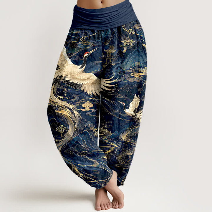 Buddha Stones Cotton Flying Crane Wave Pattern Women's Elastic Waist Harem Pants - Navy - US16，UK/AU20，EU48 (3XL) - image 0