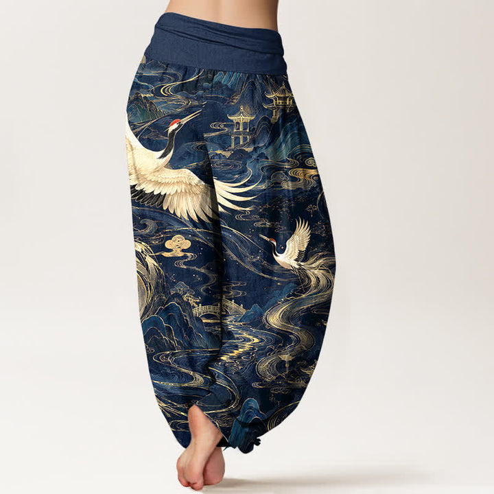 Buddha Stones Cotton Flying Crane Wave Pattern Women's Elastic Waist Harem Pants - image 2
