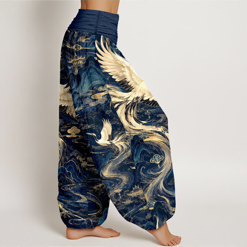 Buddha Stones Cotton Flying Crane Wave Pattern Women's Elastic Waist Harem Pants - image 1