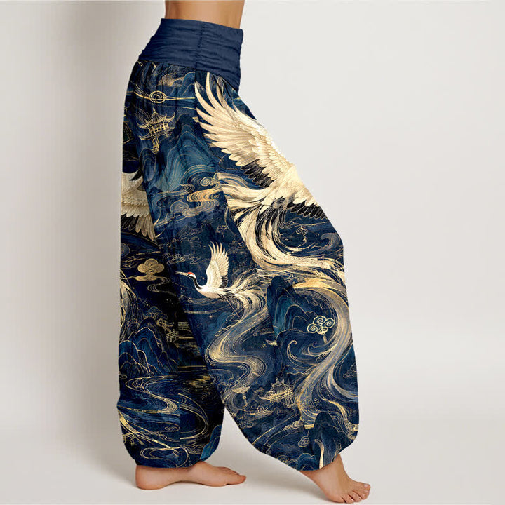Buddha Stones Cotton Flying Crane Wave Pattern Women's Elastic Waist Harem Pants - image 1