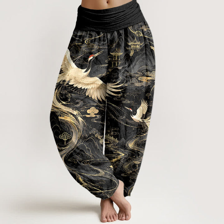 Buddha Stones Cotton Flying Crane Wave Pattern Women's Elastic Waist Harem Pants - Black - US16，UK/AU20，EU48 (3XL) - image 5