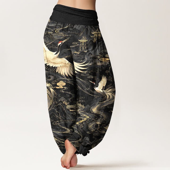 Buddha Stones Cotton Flying Crane Wave Pattern Women's Elastic Waist Harem Pants - image 7