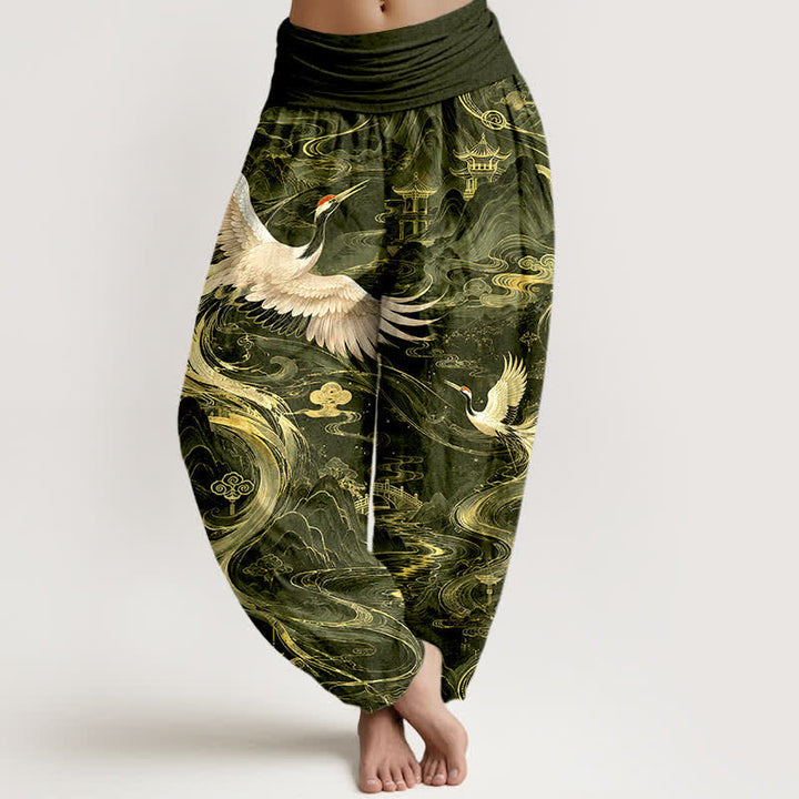 Buddha Stones Cotton Flying Crane Wave Pattern Women's Elastic Waist Harem Pants - DarkOliveGreen - US16，UK/AU20，EU48 (3XL) - image 8