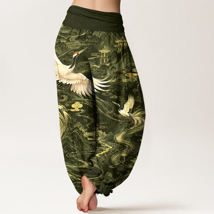 Buddha Stones Cotton Flying Crane Wave Pattern Women's Elastic Waist Harem Pants - image 10