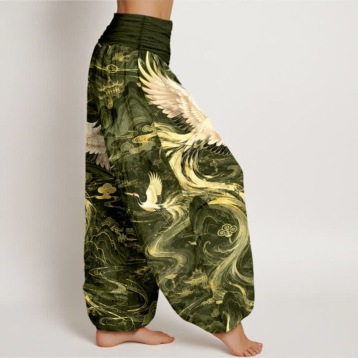 Buddha Stones Cotton Flying Crane Wave Pattern Women's Elastic Waist Harem Pants - image 9