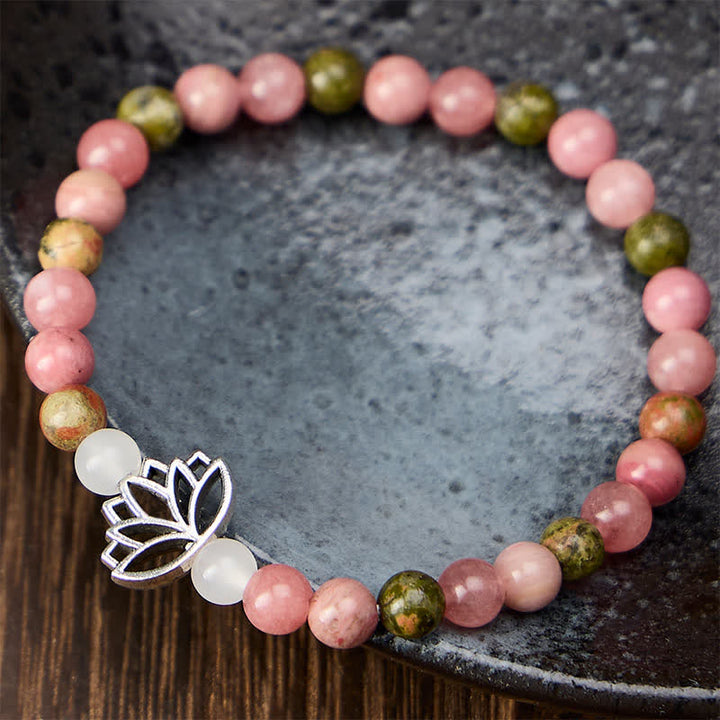 Buddha Stones Rhodonite Unakite White Jade Lotus Love and Enlightenment Bracelet - image 1