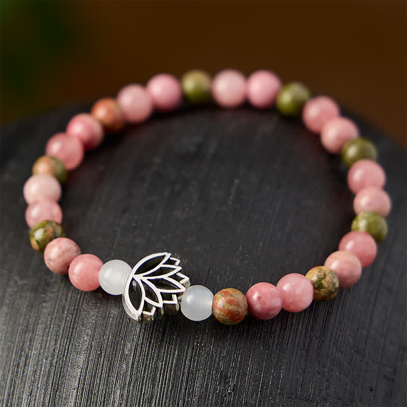 Buddha Stones Rhodonite Unakite White Jade Lotus Love and Enlightenment Bracelet - image 2