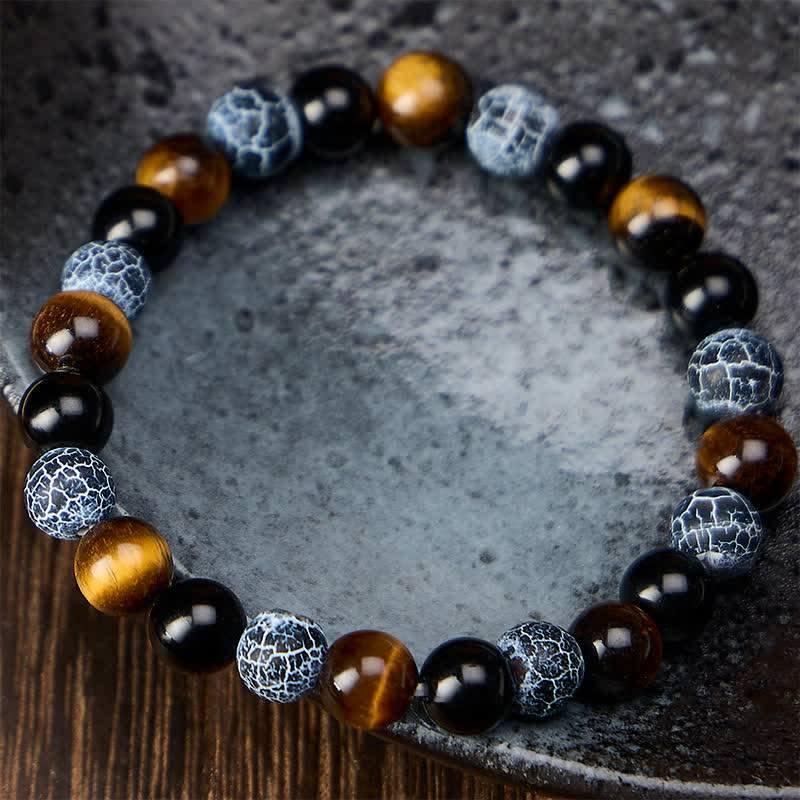 Buddha Stones Black Obsidian Tiger Eye Crackle Agate Purification Beaded Bracelet - image 1