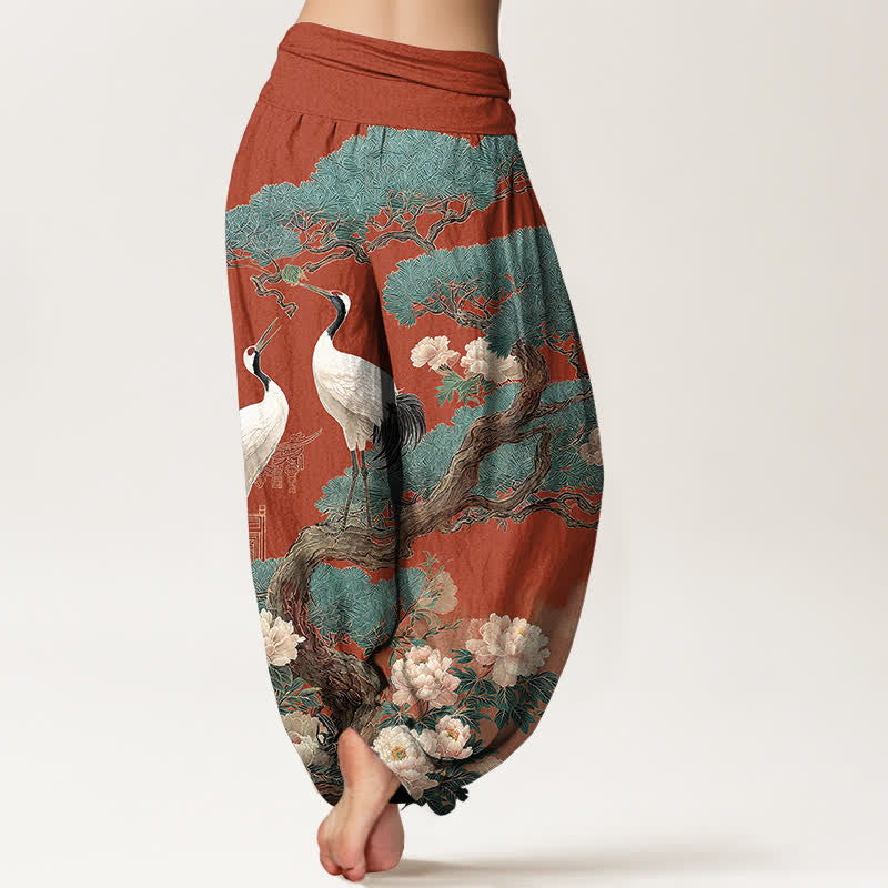 Buddha Stones Cotton Crane Blossom Pattern Women's Elastic Waist Harem Pants - image 10