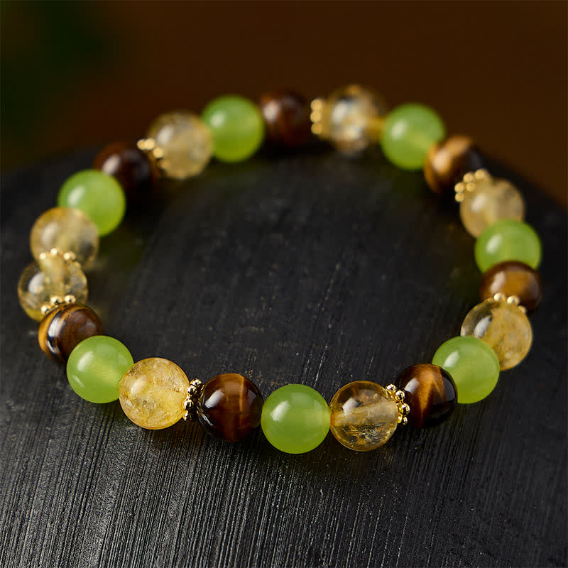 Buddha Stones Natural Citrine Tiger Eye Green Jade Prosperity Bracelet - image 3