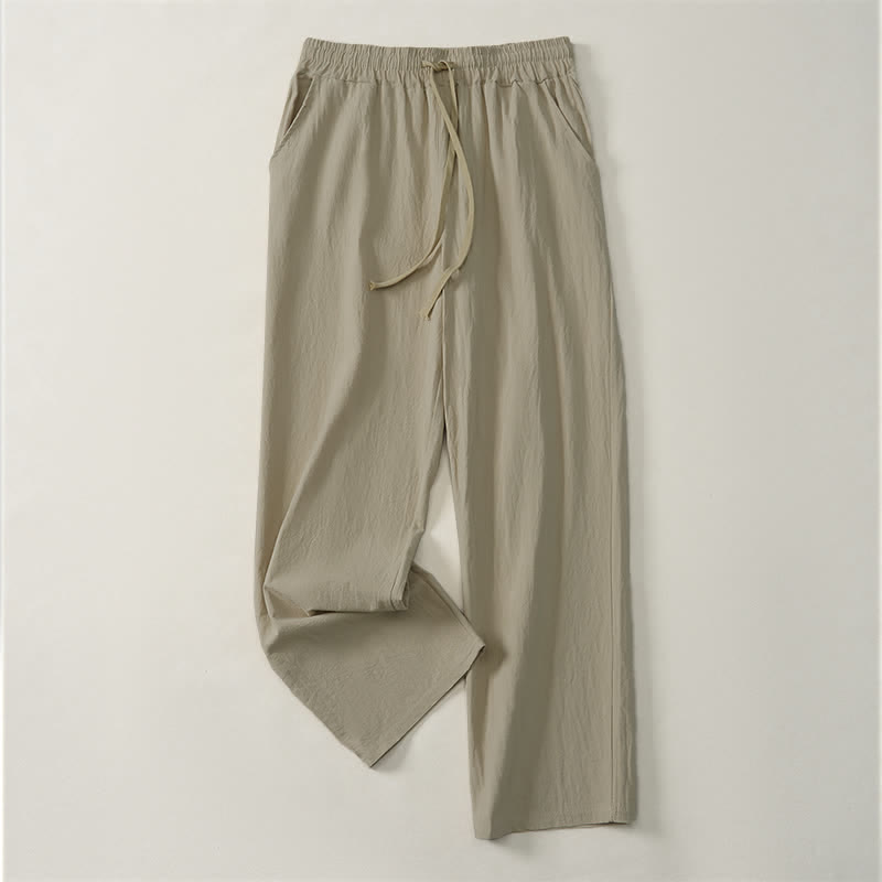 Buddha Stones Fall Casual Plain Drawstring Solid Long Pants Men's Straight Leg Pants With Pocket - Tan - US/UK/AU42, EU52 (3XL) - image 0