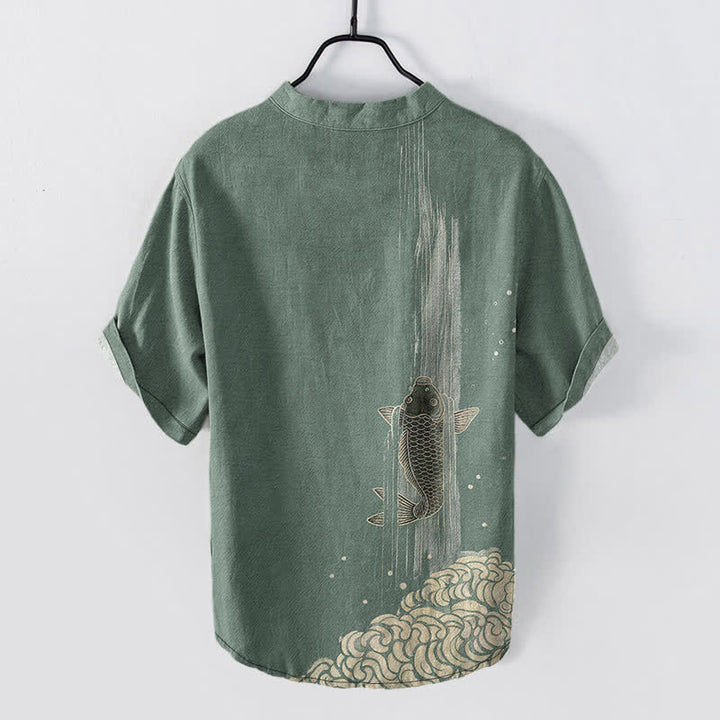 Buddha Stones Cotton Koi Fish Water Ripple Pattern Men's Short Sleeve Half Button Shirt - image 1