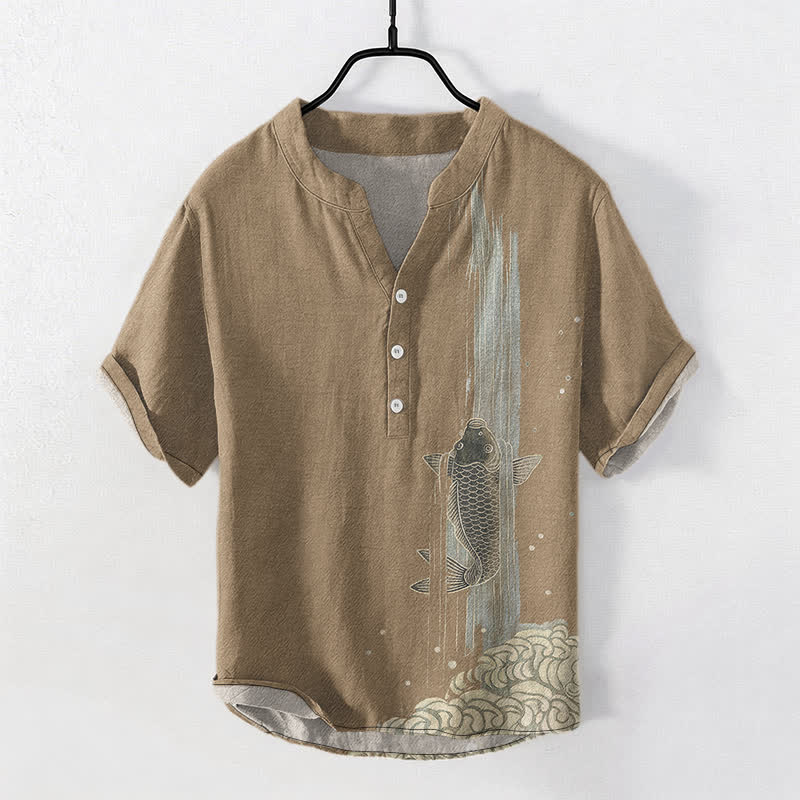 Buddha Stones Cotton Koi Fish Water Ripple Pattern Men's Short Sleeve Half Button Shirt - Tan - US/UK/AU50，EU60 (5XL) - image 10