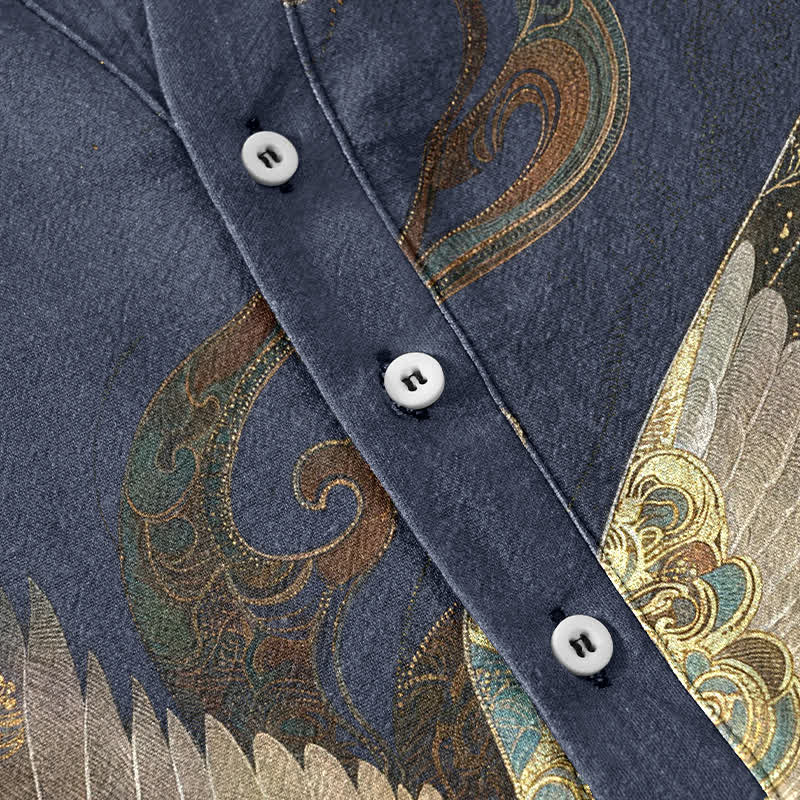 Buddha Stones Cotton Gilded Crane Wave Pattern Men's Short Sleeve Half Button Shirt - image 3