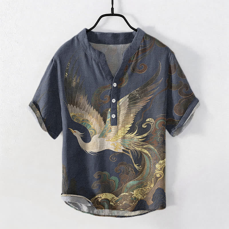 Buddha Stones Cotton Gilded Crane Wave Pattern Men's Short Sleeve Half Button Shirt - Navy - US/UK/AU50，EU60 (5XL) - image 0