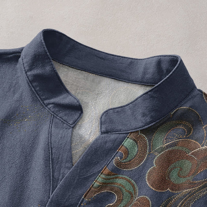 Buddha Stones Cotton Gilded Crane Wave Pattern Men's Short Sleeve Half Button Shirt - image 2