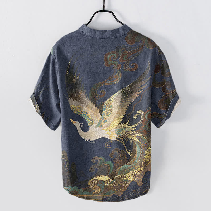 Buddha Stones Cotton Gilded Crane Wave Pattern Men's Short Sleeve Half Button Shirt - image 1