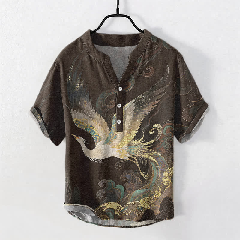 Buddha Stones Cotton Gilded Crane Wave Pattern Men's Short Sleeve Half Button Shirt - SaddleBrown - US/UK/AU50，EU60 (5XL) - image 5
