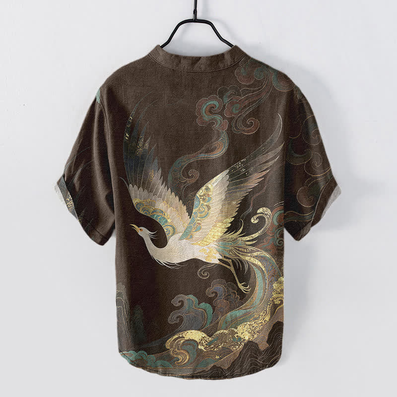 Buddha Stones Cotton Gilded Crane Wave Pattern Men's Short Sleeve Half Button Shirt - image 6