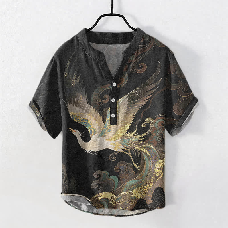 Buddha Stones Cotton Gilded Crane Wave Pattern Men's Short Sleeve Half Button Shirt - Black - US/UK/AU50，EU60 (5XL) - image 7