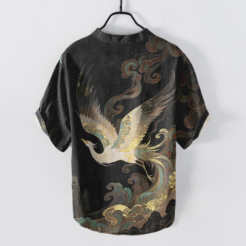 Buddha Stones Cotton Gilded Crane Wave Pattern Men's Short Sleeve Half Button Shirt - image 8
