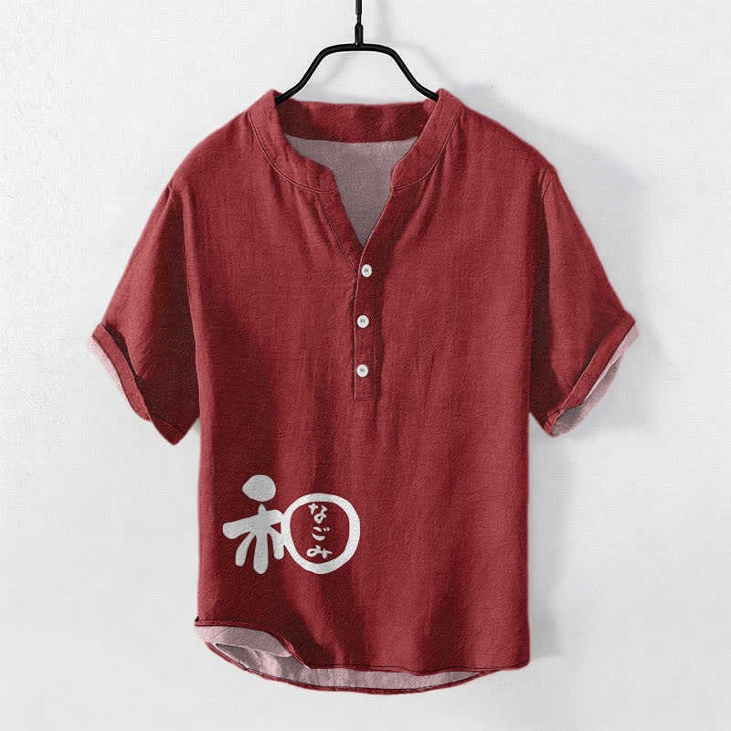 Buddha Stones Cotton Wa Crest Script Pattern Men's Short Sleeve Half Button Shirt - Maroon - US/UK/AU50，EU60 (5XL) - image 0