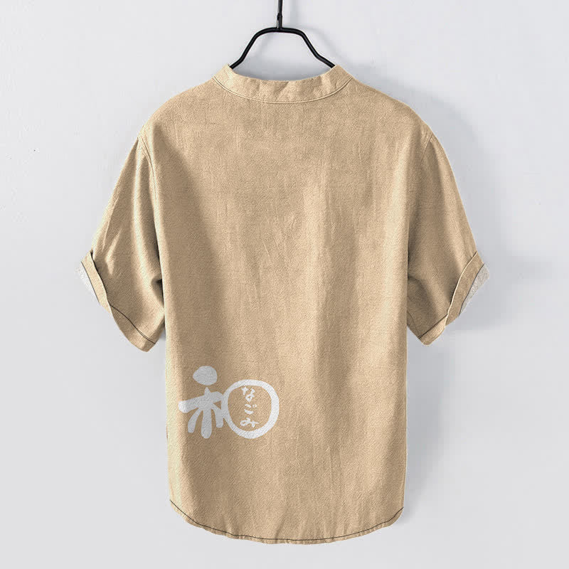 Buddha Stones Cotton Wa Crest Script Pattern Men's Short Sleeve Half Button Shirt - image 6