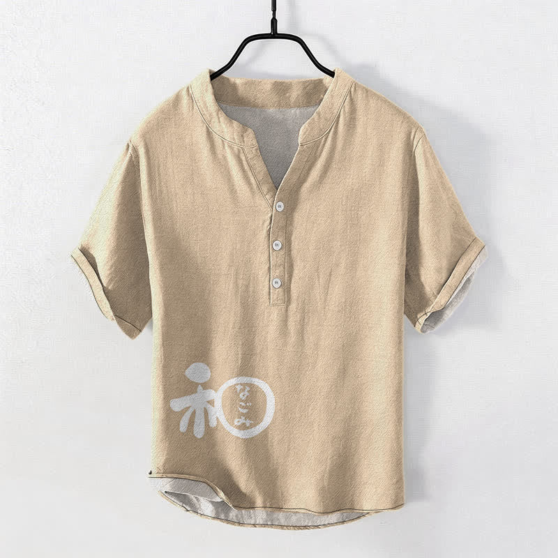 Buddha Stones Cotton Wa Crest Script Pattern Men's Short Sleeve Half Button Shirt - Beige - US/UK/AU50，EU60 (5XL) - image 5