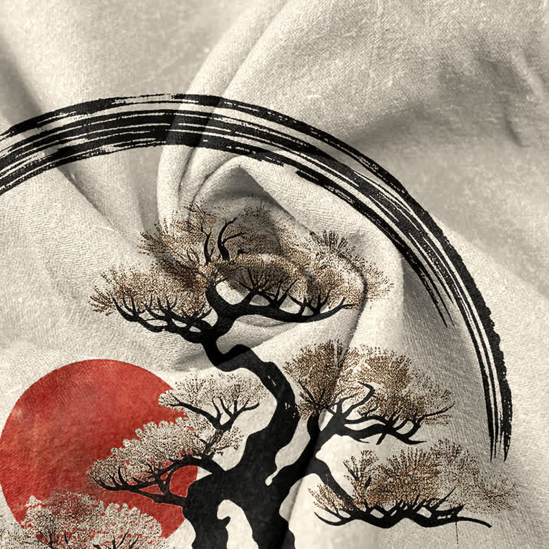 Buddha Stones Cotton Zen Ink Bonsai Sun Pattern Men's Short Sleeve Half Button Shirt - image 4