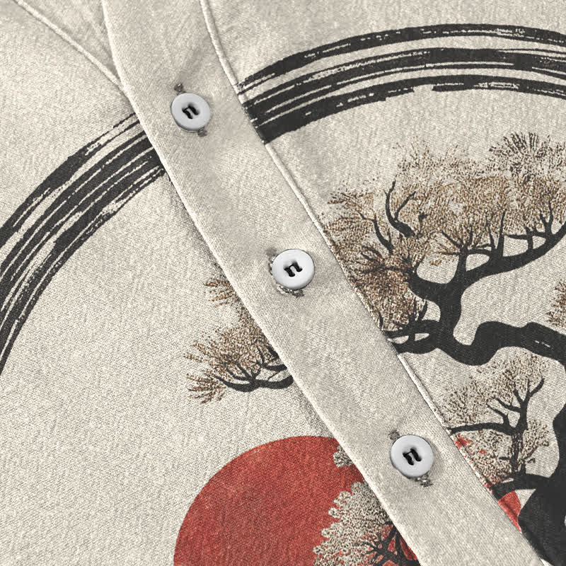 Buddha Stones Cotton Zen Ink Bonsai Sun Pattern Men's Short Sleeve Half Button Shirt - image 3