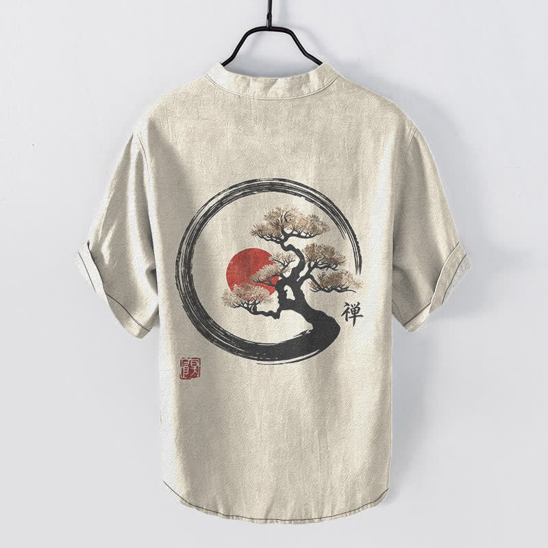 Buddha Stones Cotton Zen Ink Bonsai Sun Pattern Men's Short Sleeve Half Button Shirt - image 1