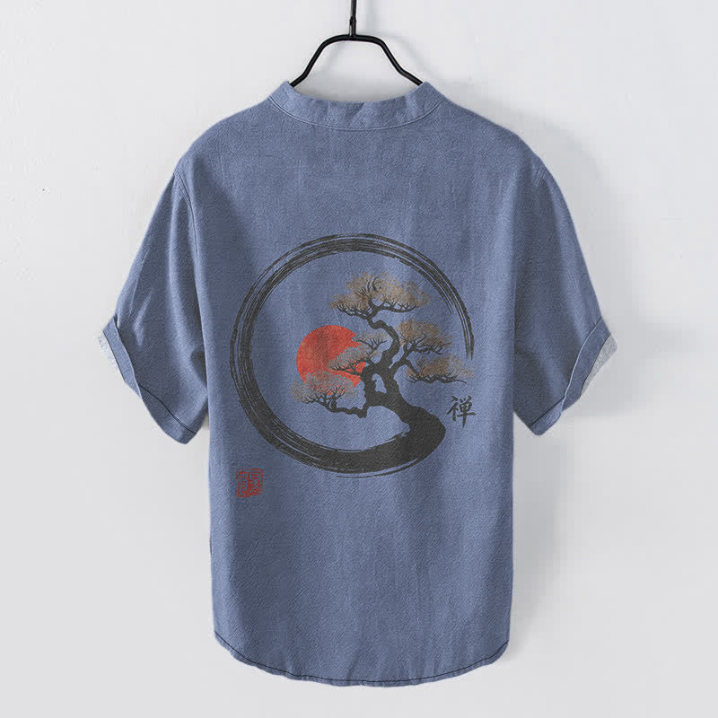 Buddha Stones Cotton Zen Ink Bonsai Sun Pattern Men's Short Sleeve Half Button Shirt - image 8