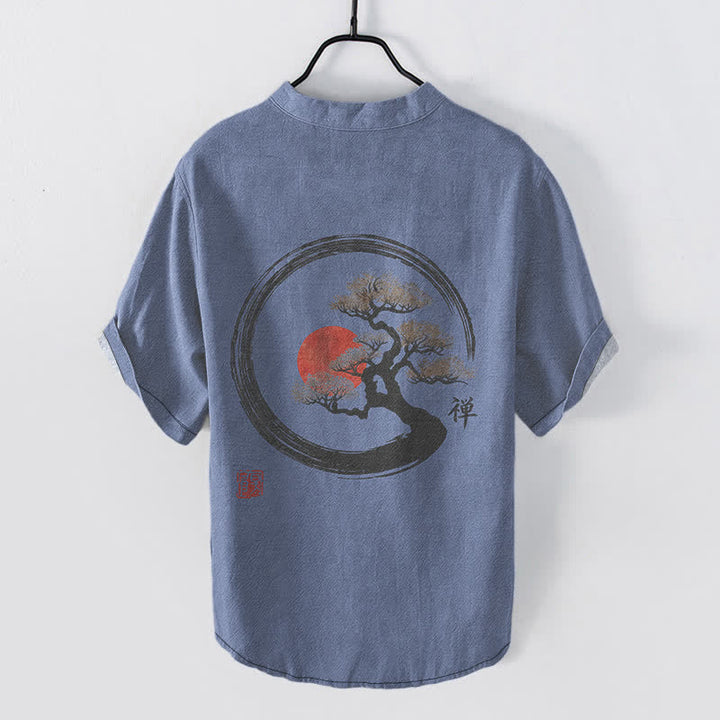 Buddha Stones Cotton Zen Ink Bonsai Sun Pattern Men's Short Sleeve Half Button Shirt - image 8