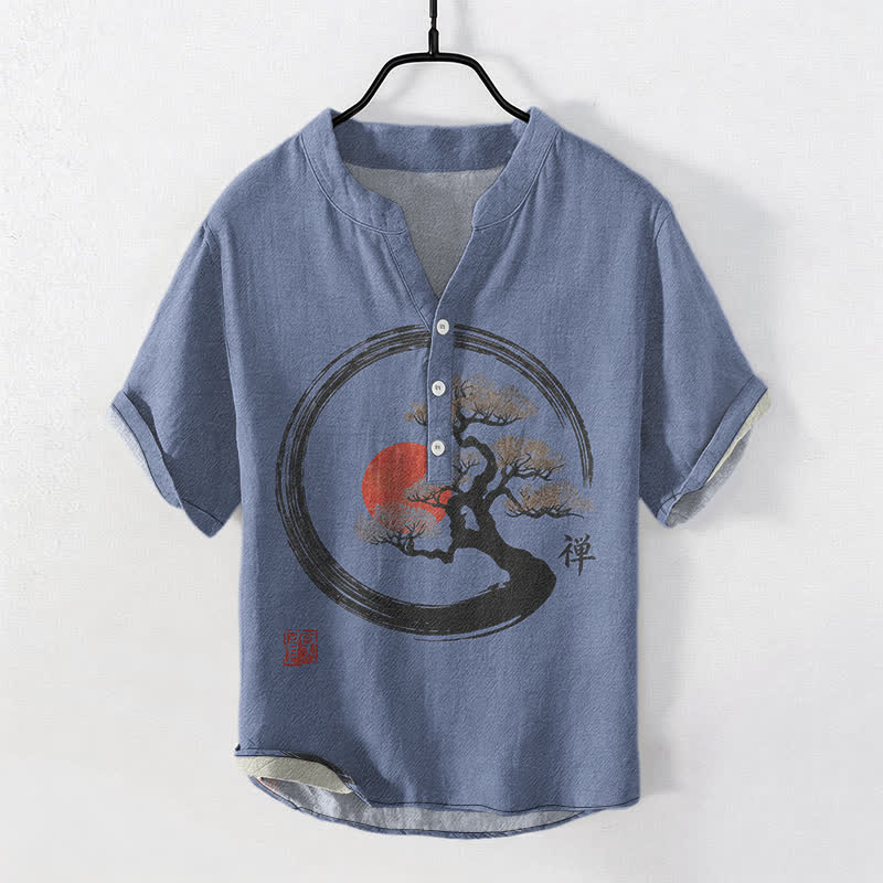 Buddha Stones Cotton Zen Ink Bonsai Sun Pattern Men's Short Sleeve Half Button Shirt - RoyalBlue - US/UK/AU50，EU60 (5XL) - image 7