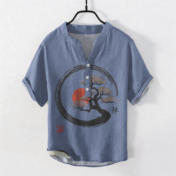 Buddha Stones Cotton Zen Ink Bonsai Sun Pattern Men's Short Sleeve Half Button Shirt - RoyalBlue - US/UK/AU50，EU60 (5XL) - image 7
