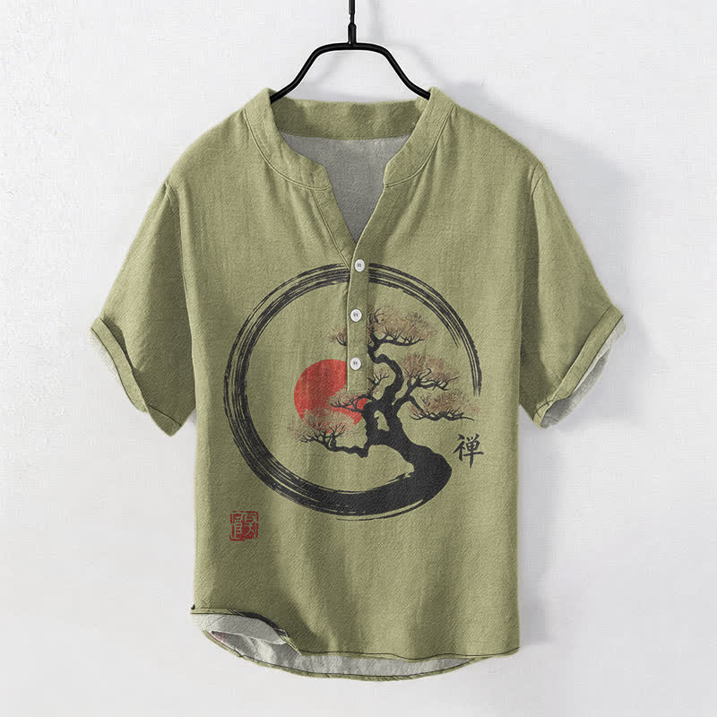 Buddha Stones Cotton Zen Ink Bonsai Sun Pattern Men's Short Sleeve Half Button Shirt - OliveDrab - US/UK/AU50，EU60 (5XL) - image 5