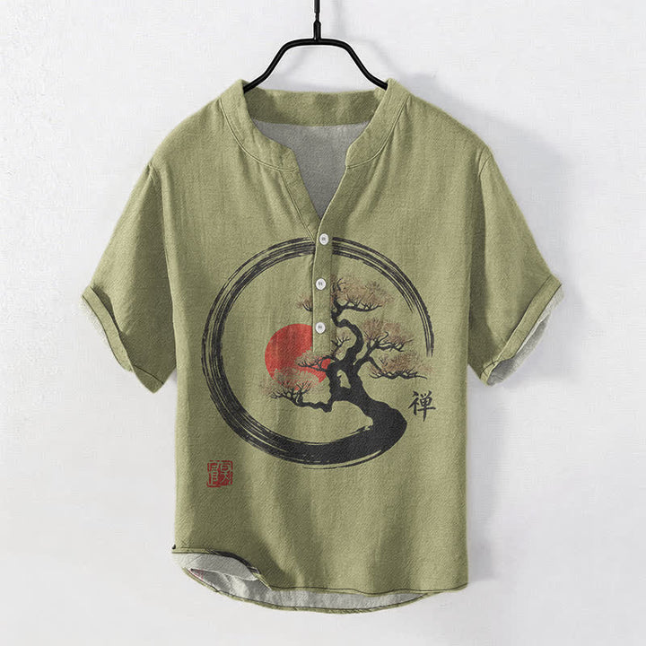 Buddha Stones Cotton Zen Ink Bonsai Sun Pattern Men's Short Sleeve Half Button Shirt - OliveDrab - US/UK/AU50，EU60 (5XL) - image 5