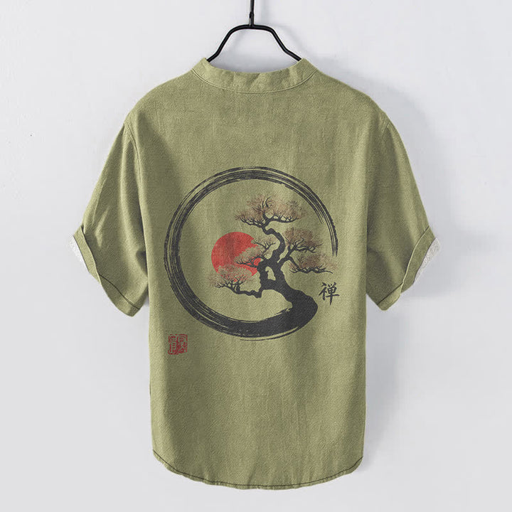 Buddha Stones Cotton Zen Ink Bonsai Sun Pattern Men's Short Sleeve Half Button Shirt - image 6