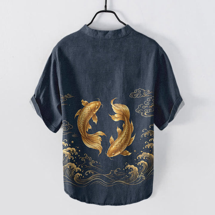 Buddha Stones Cotton Golden Koi Fish Pattern Men's Short Sleeve Half Button Shirt - image 1
