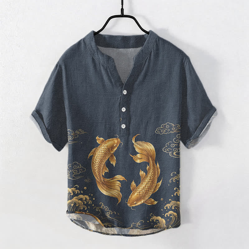 Buddha Stones Cotton Golden Koi Fish Pattern Men's Short Sleeve Half Button Shirt - MidnightBlue - US/UK/AU50，EU60 (5XL) - image 0
