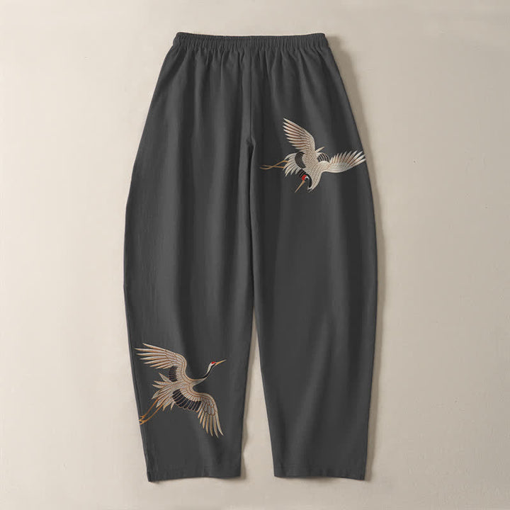 Buddha Stones Pure Cotton Twin Crane Pattern Drawstring Men's Tapered Pants With Pockets - image 3